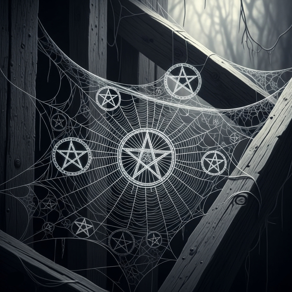 Halloween Graphic For Online Web Store NO PRODUCTS Spooky witchy spider web pentacle display for All hallows eve at Moonlight Mysteries Witch Store Pagan Supplies Wiccan Gifts Samhain right side