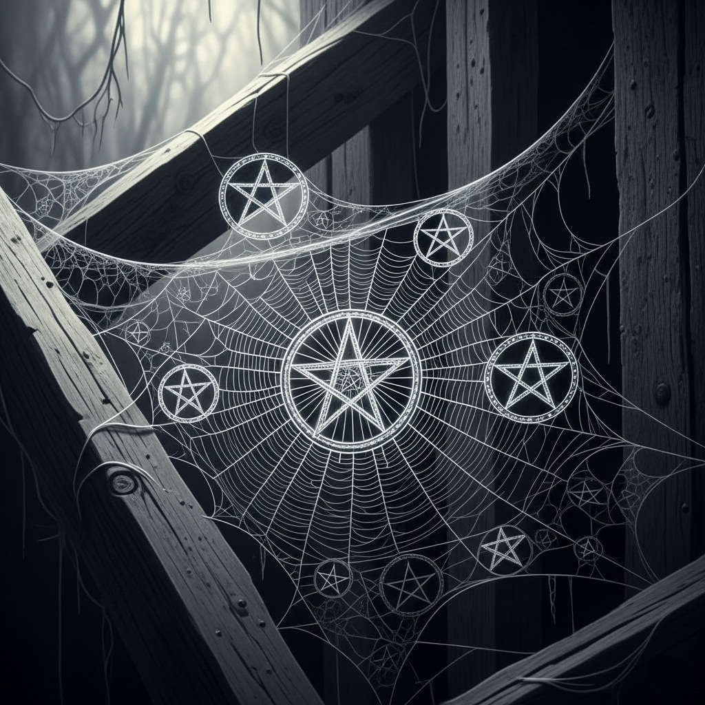 A non product image for Halloween a Graphic For Online Web Store with Spooky witchy spider web and pentacle display for all hallows eve at Moonlight Mysteries the award winning witch store and highly reviewed Pagan Wiccan Gifts shop buy Samhain supplies left side online webstore graphic