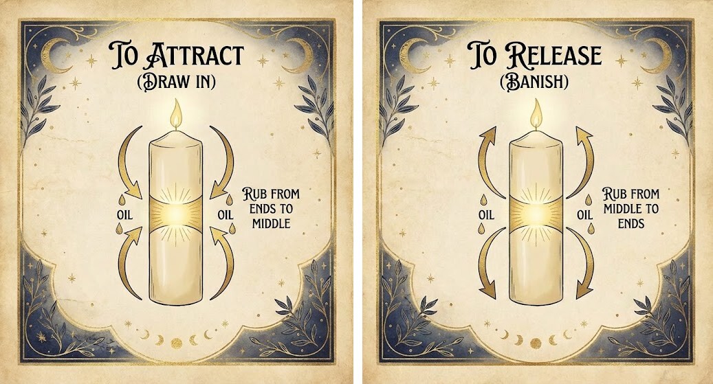 Candle Magick Diagram: How to anoint a candle to attract spirits using Wake the Dead Ancestral Oil.