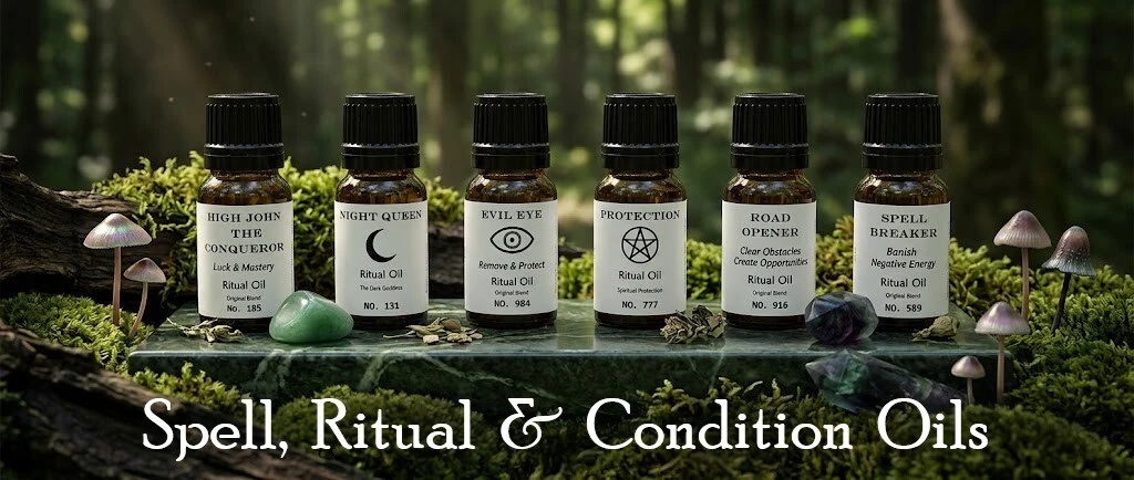 Spell, Conjure, Condition & Ritual Oils; the practitioner's most intimate tool — applied by hand, carried on the body, and worked into every layer of the craft. At Moonlight Mysteries, our spell oils, conjure oils, condition oils, and ritual oils are formulated as premium blends, handcrafted and curated across every tradition, and bottled for precision and potency. Whether you are dressing a candle for a prosperity working, anointing yourself before ritual, feeding a mojo bag, or breaking a condition that has held too long, there is a formula here for the work. Our oil collection spans the full range of magical need — from protection and warding to love and attraction, abundance and wealth, hex breaking and uncrossing, Hoodoo conjure formulas, and deity and spiritual connection blends. Every oil is a working tool, not a novelty — chosen with the same expertise and care that has made Moonlight Mysteries a trusted Wiccan supplies source, pagan supplies destination, and witchcraft supplies shop for over two decades. Whatever the working, anoint with intention. The oil carries the rest.