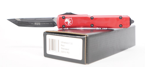 Microtech 123-1RD Ultratech AUTO OTF 3.46" Black Tanto Plain Blade, Red Aluminum Handles