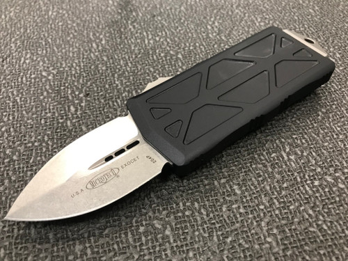 Microtech 157-10 Exocet OTF Money Clip AUTO Knife 1.98" Stonewashed Double Edge Blade, Black Aluminum Handles