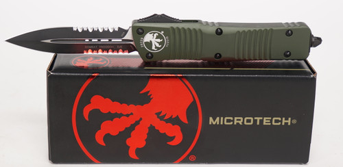 Microtech 142-2OD Combat Troodon AUTO OTF Knife 3.75" Black Double Combo Edge Dagger Blade, OD Green Aluminum Handles