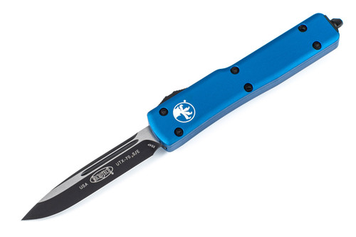 Microtech 148-1BL UTX-70 AUTO OTF Knife 2.41" Black Drop Point Plain Blade, Blue Aluminum Handles