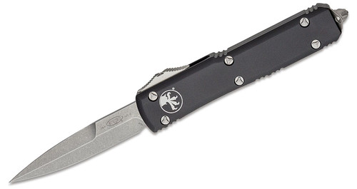 Microtech 120-10 Ultratech AUTO OTF Knife 3.46" Stonewashed Double Edge Bayonet Blade, Black Aluminum Handle