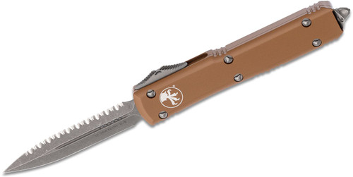 Microtech 122-12APTA Ultratech AUTO OTF Knife 3.46" Apocalyptic Plain/Serrated Double Edge Dagger Blade, Tan Aluminum Handle