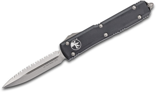 Microtech 122-6 Ultratech AUTO OTF 3.46" Satin Plain/Serrated Double Edge Dagger Blade, Black Aluminum Handles