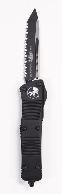 Microtech 140-3T Troodon Tanto Tactical AUTO OTF Knife 3.06" Black Full Serrated Tanto Blade, Black Aluminum Handles