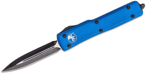 Microtech 147-1BL UTX-70 AUTO OTF Knife 2.41" Black Double Edge Dagger Blade, Blue Aluminum Handles