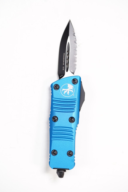 Microtech 238-3BL Troodon Mini Tactical OTF AUTO Knife 1.99" Double Combo Edge Dagger Blade, Blue Aluminum Handles