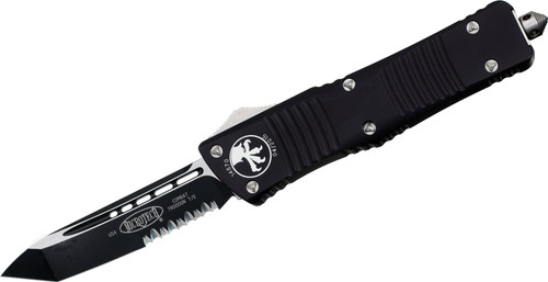 Microtech 144-2T Combat Troodon Tactical AUTO OTF Knife 3.75" Black Combo Tanto Blade, Black Aluminum Handles
