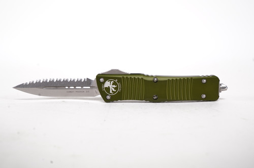 Microtech 142-12OD Combat Troodon AUTO OTF Knife 3.75" Stonewashed Plain/Serrated Double Edge Dagger Blade, OD Green Aluminum Handle