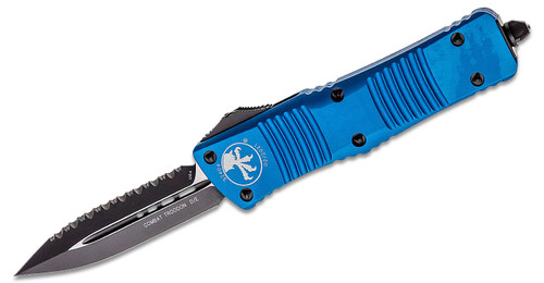 Microtech 142-3BL Combat Troodon AUTO OTF Knife 3.75" Black Plain and Serrated Double Edge Blade, Blue Aluminum Handles