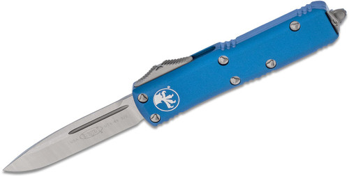 Microtech 231-4BL UTX-85 AUTO OTF 3" Satin Drop Point Plain Blade, Blue Aluminum Handles
