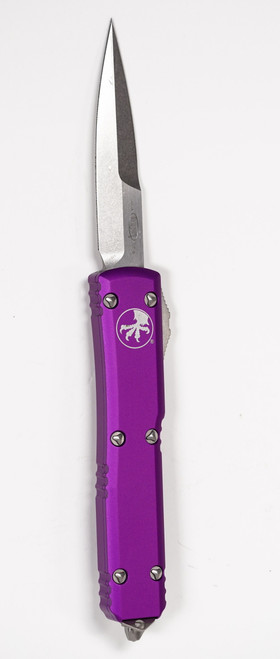 Microtech 120-10VI Ultratech AUTO OTF Knife 3.46" Stonewashed Double Edge Bayonet Blade, Violet Aluminum Handle
