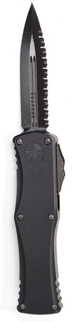 Microtech 702-3DLCTSH Signature Series Hera OTF AUTO Knife 3.125" Black DLC Double Full Serrated Edge Dagger Blade, Black Aluminum Handles