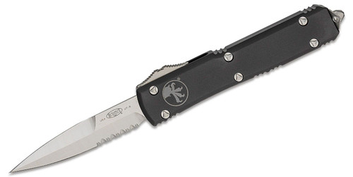 Microtech 120-5 Ultratech AUTO OTF Knife 3.46" Satin Double Edge Bayonet Combo Blade, Black Aluminum Handles