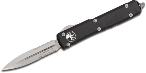 Microtech 122-5 Ultratech AUTO OTF Knife 3.46" Satin Double Combo Edge Dagger Blade, Black Aluminum Handles