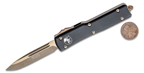 Microtech 148-13AP UTX-70 AUTO OTF Knife 2.41" Bronze Apocalyptic Drop Point Plain Blade, Black Aluminum Handles