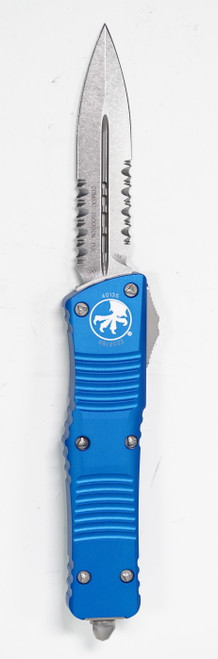 Microtech 142-11BL Combat Troodon AUTO OTF 3.75" Stonewashed Double Combo Edge Dagger Blade, Blue Aluminum Handle