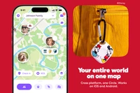 Life360 app map screen showing family members' and a dog's live locations, next to a white Mickey and Minnie Mouse-themed Life360 Tile tracker clipped to a yellow corduroy jacket. Text: Your entire world on one map. Cross platform, one Circle. Works on iOS and Android.