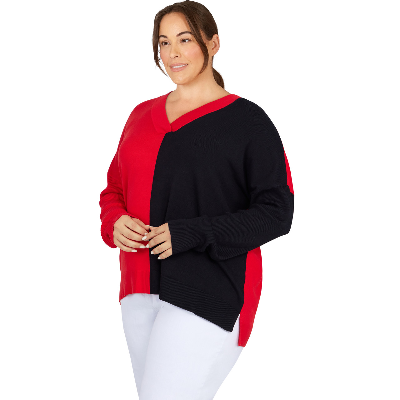 V Neck Long Sleeve Tops for Women Plus Size Fashion Color Block