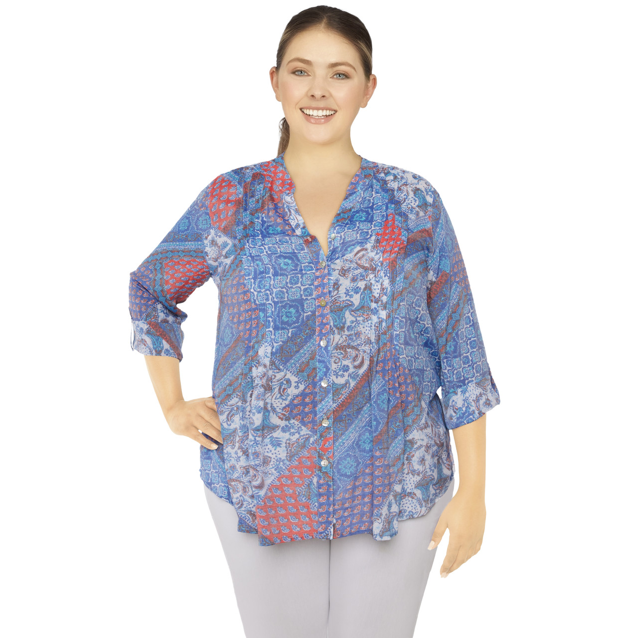 Plus Women's Pleated Button Down Patchwork Print Top