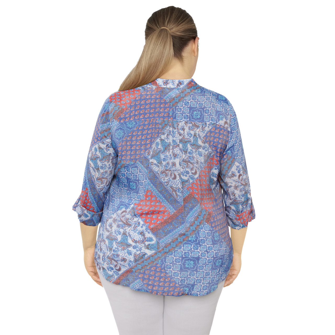 Plus Women's Pleated Button Down Patchwork Print Top