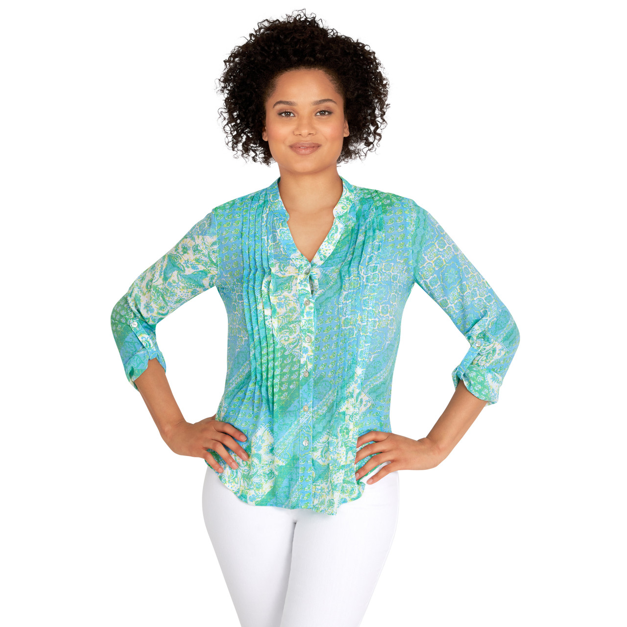 Petite Women's Pleated Button Down Patchwork Print Top | Ruby Rd.