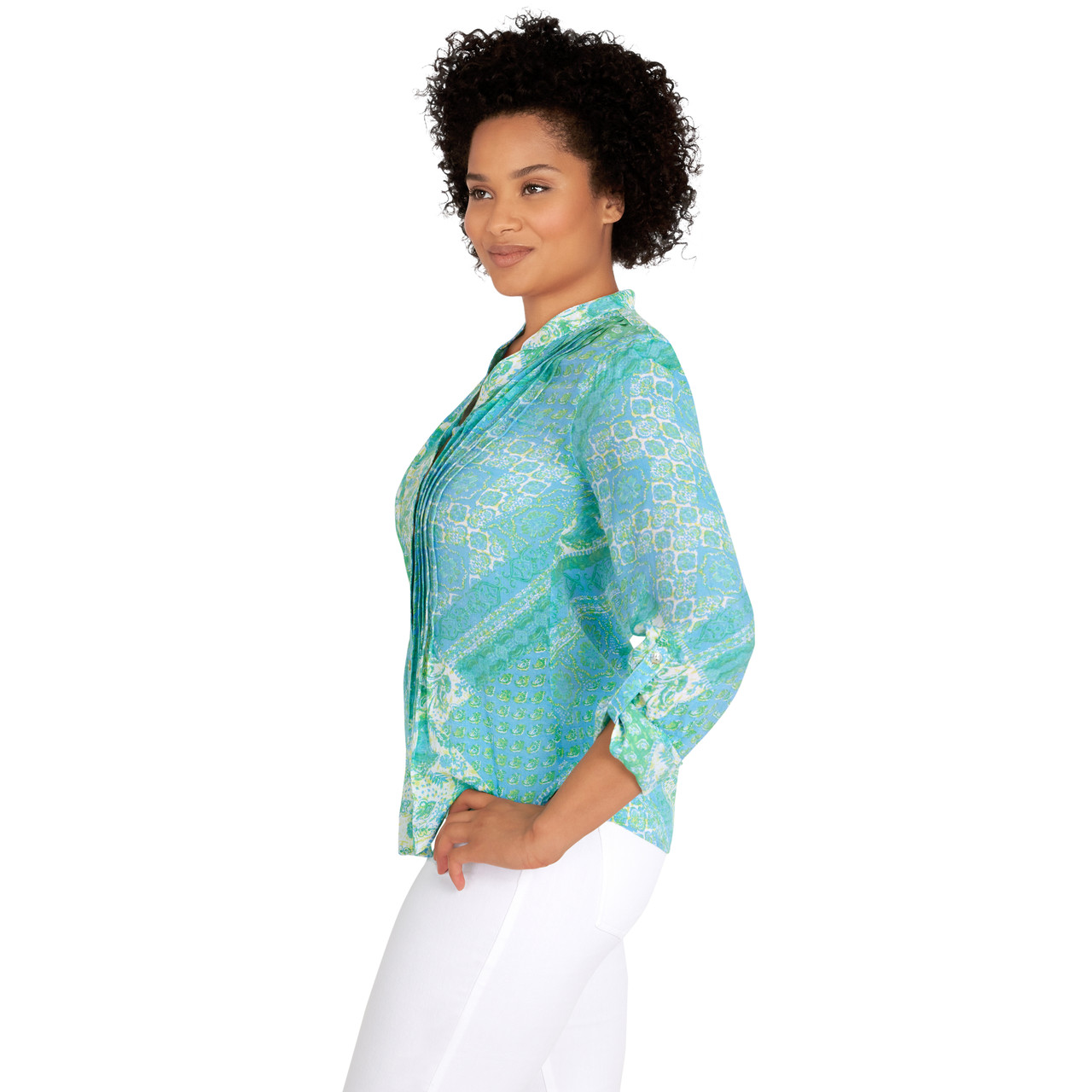 Petite Women's Pleated Button Down Patchwork Print Top | Ruby Rd.