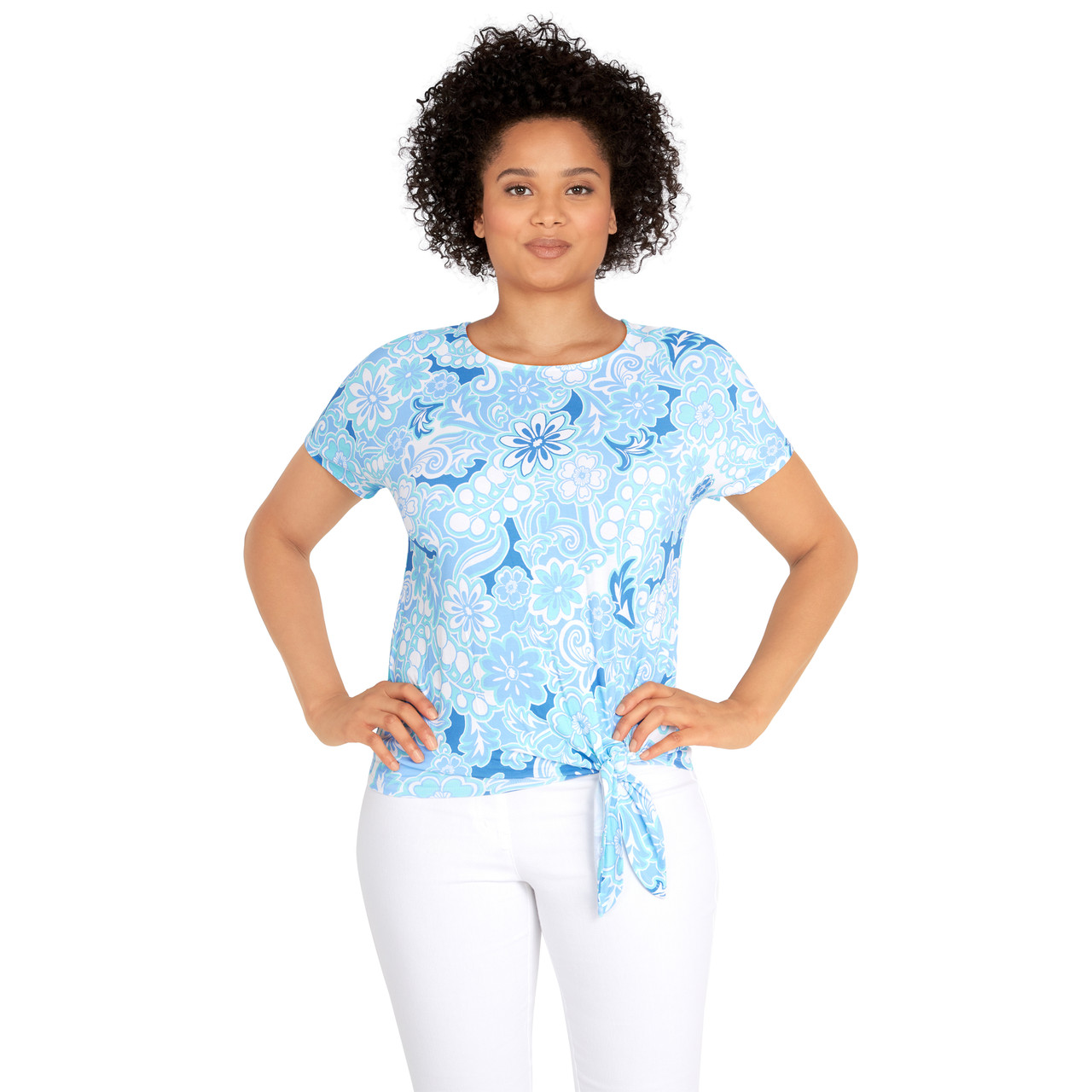 Petite Women's Retro Floral Print Tie Front Tee Ruby Rd.