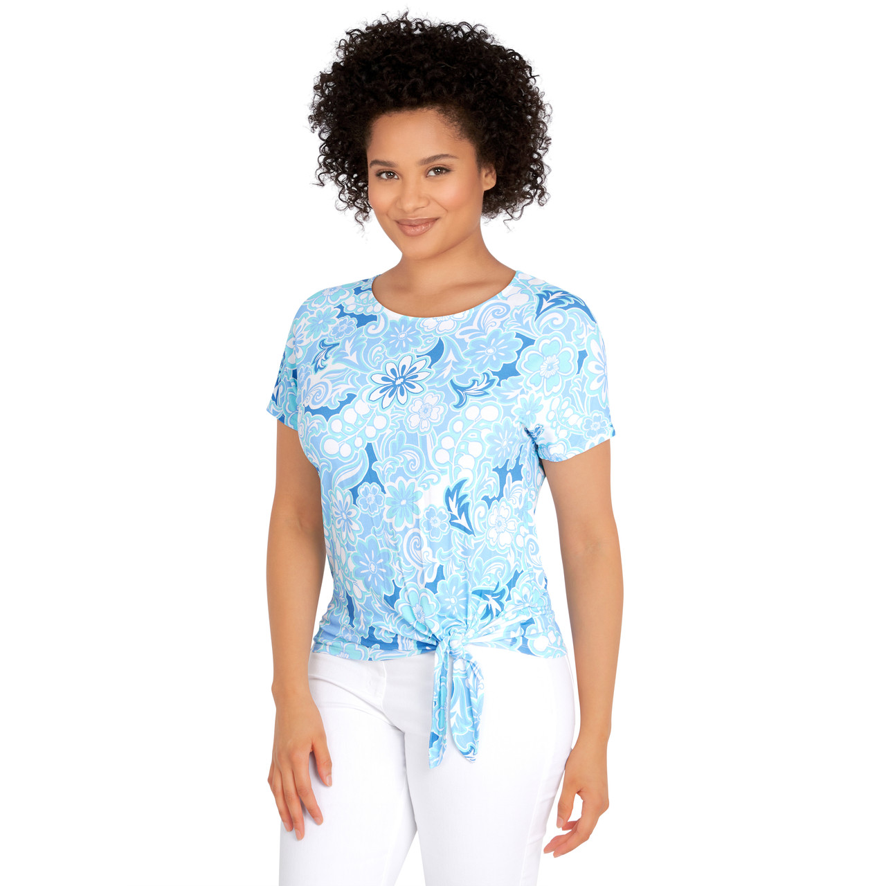 Petite Women's Retro Floral Print Tie Front Tee Ruby Rd.