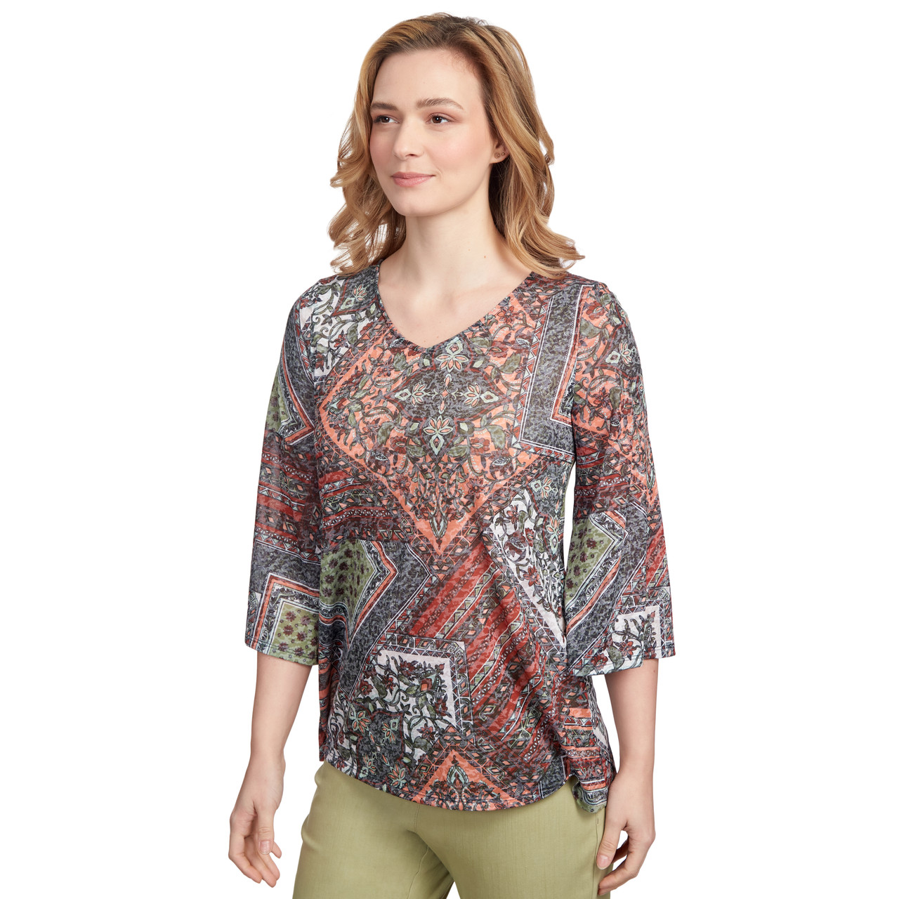 Petite Women's Burnout Sublimation Patchwork Print Top | Ruby Rd.