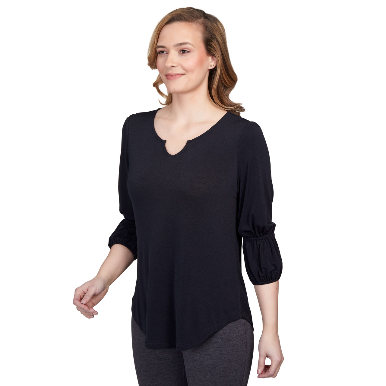 Women's Solid Notch Neck Puff Sleeve Top