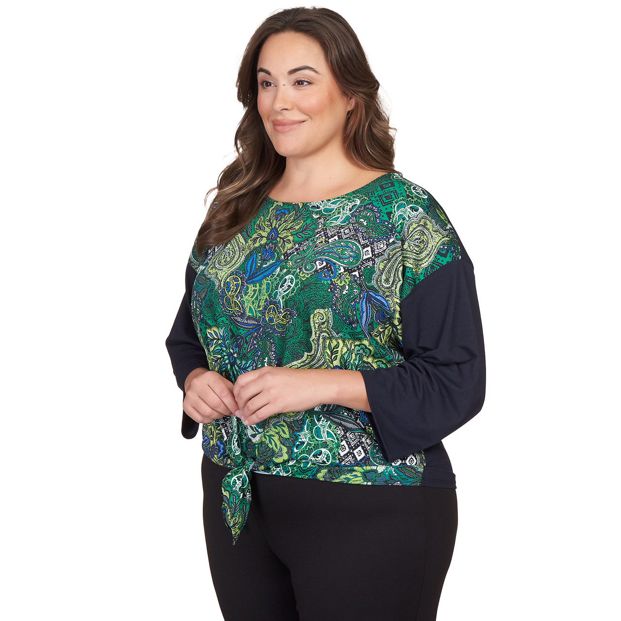 Plus Women's Paisley Combo Tie Front Knit Top