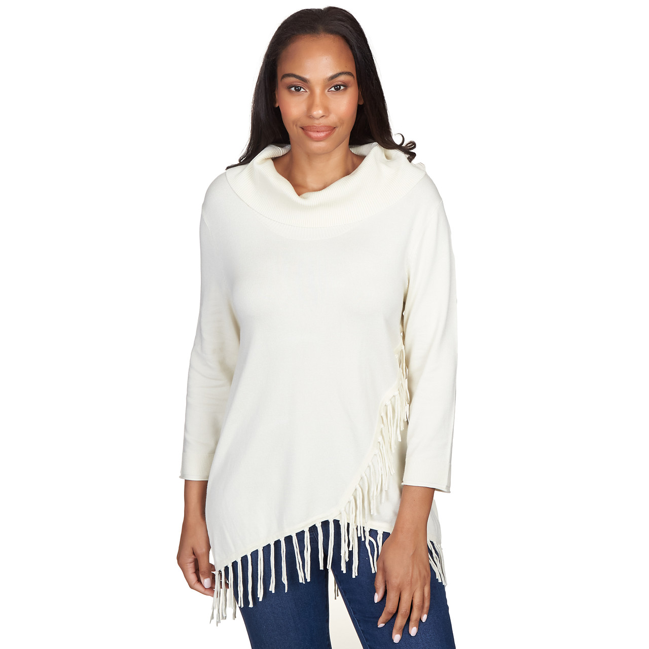 Petite Women's Solid Cowl Neck Fringe Sweater