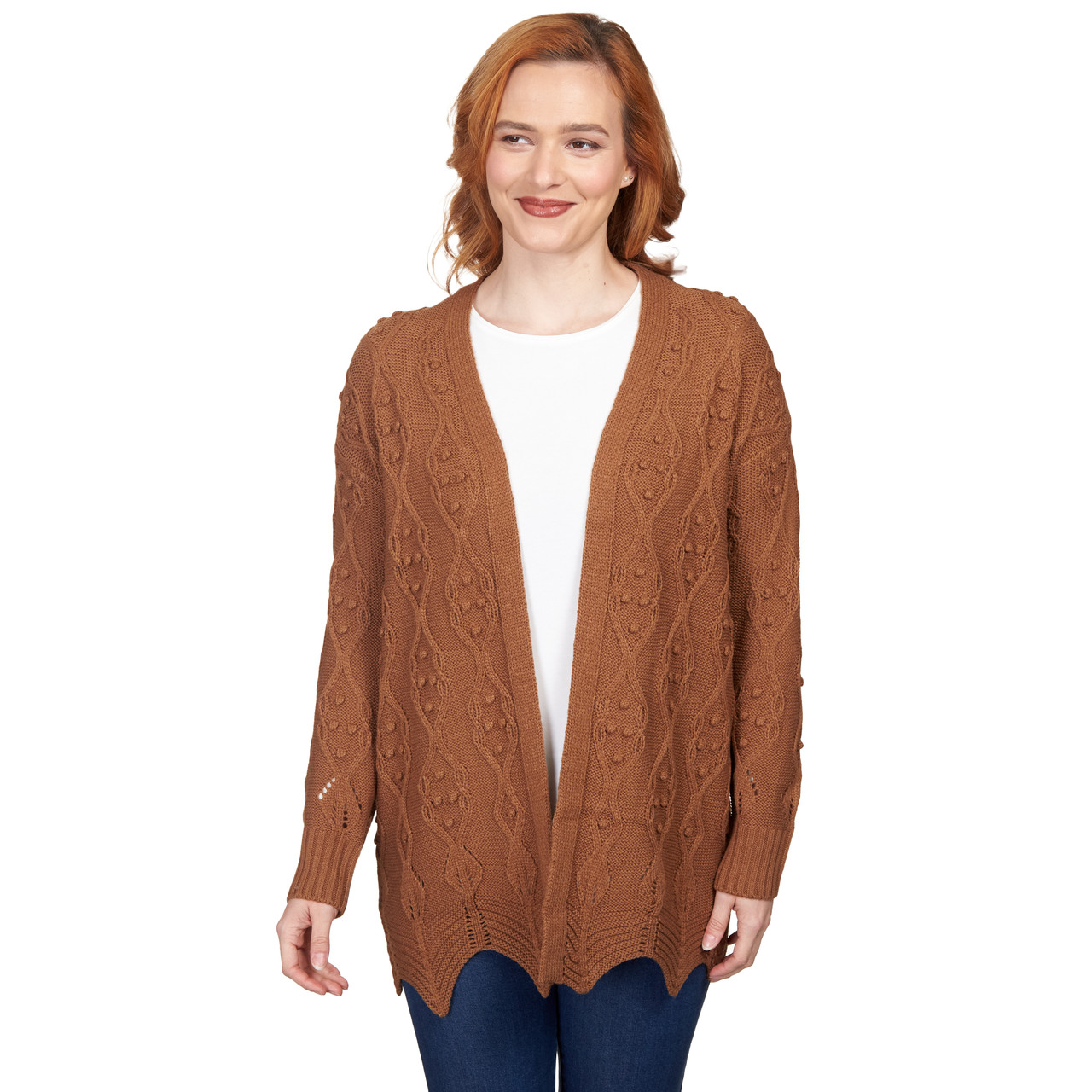 Women's Solid Textured Zigzag Hem Open Cardigan