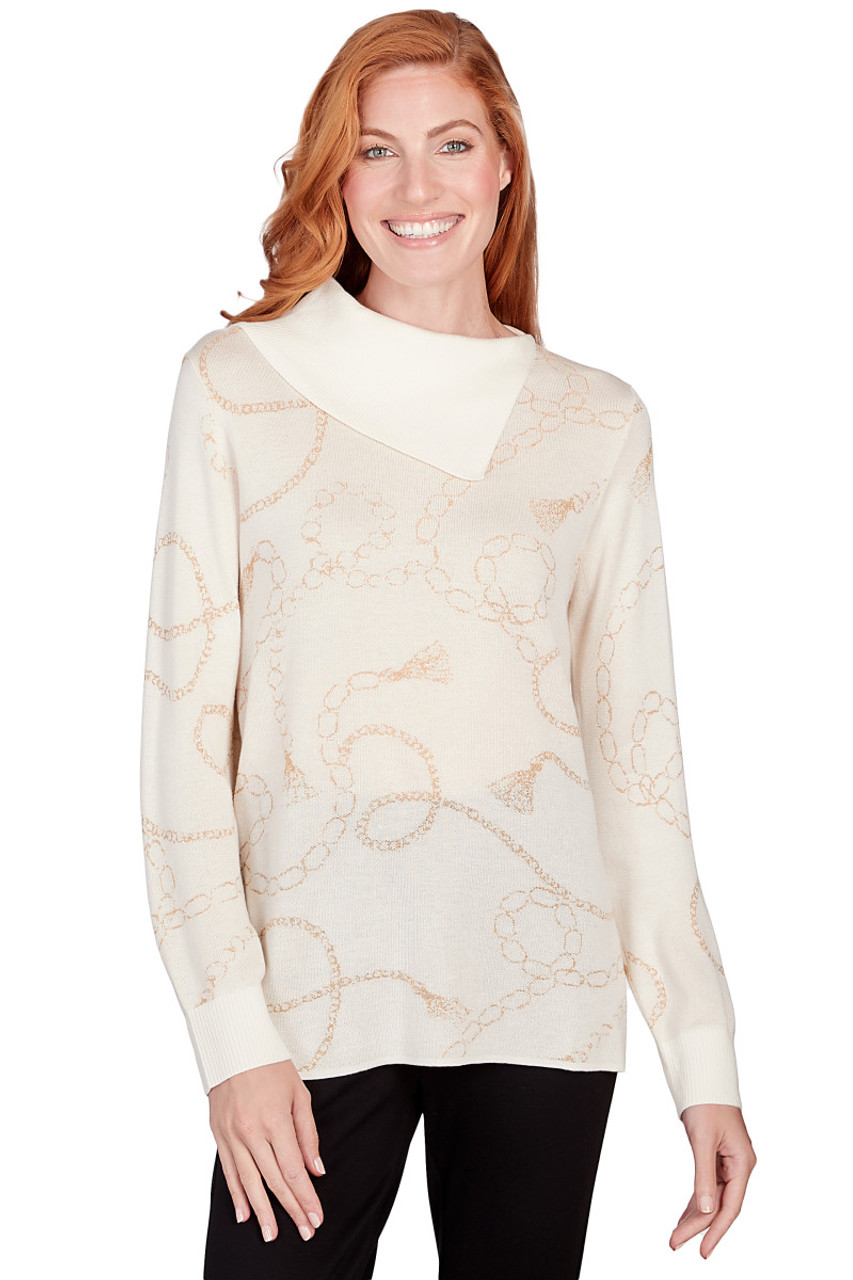 Petite Women's Metallic Chain Print Split Cowl Sweater