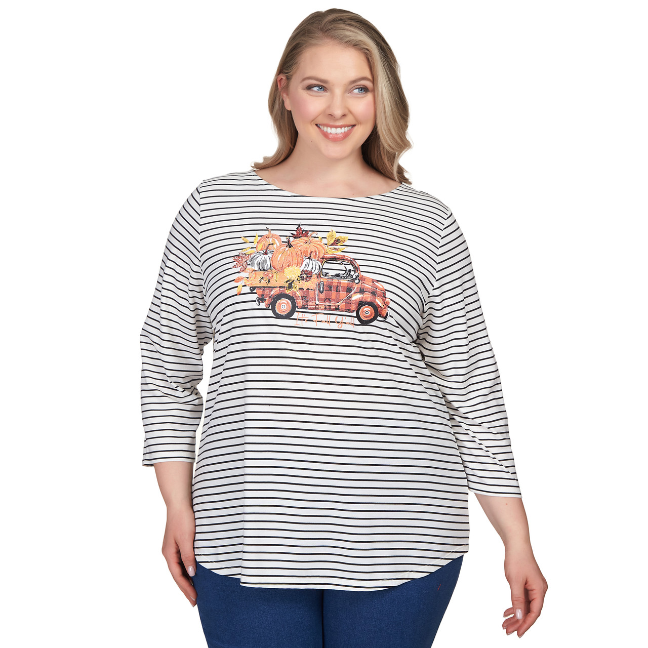 Ruby Rd. Plus Size Tile Print Split V-Neck 3/4 Sleeve Silky Fiji Top