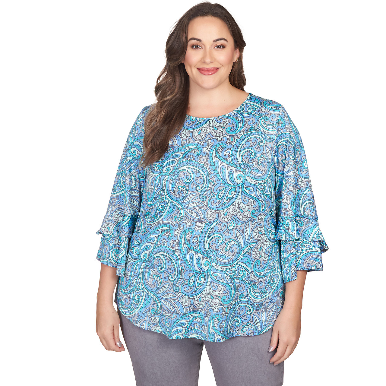 Plus Women's Paisley Dew Drop Knit Top with Ruffle Sleeves | Ruby Rd.