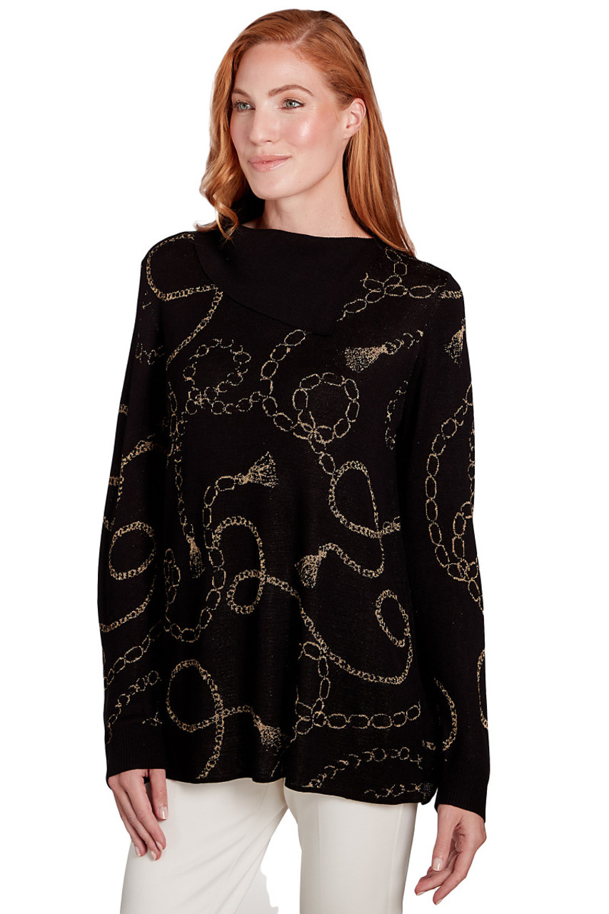 Petite Women's Metallic Chain Print Split Cowl Sweater