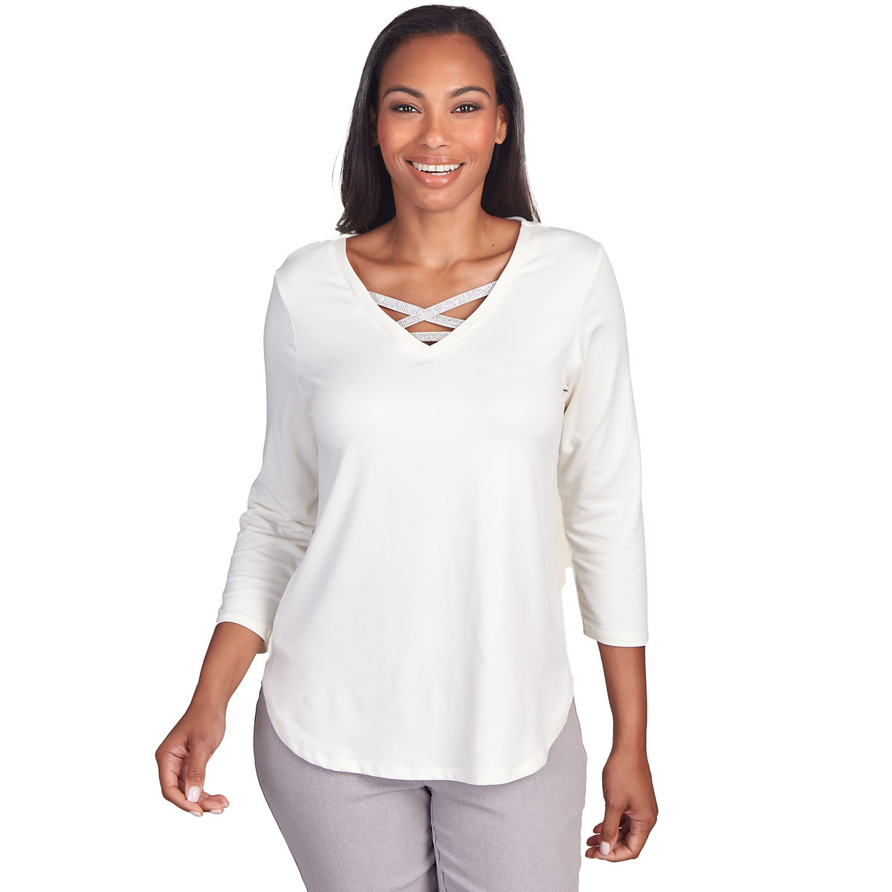 Women's Criss Cross Neckline Solid Jersey Top