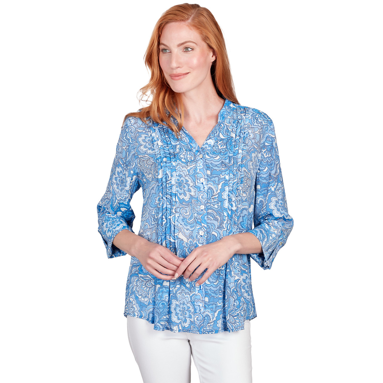 Petite Women's Silky Floral Print Button Front Top | Ruby Rd.