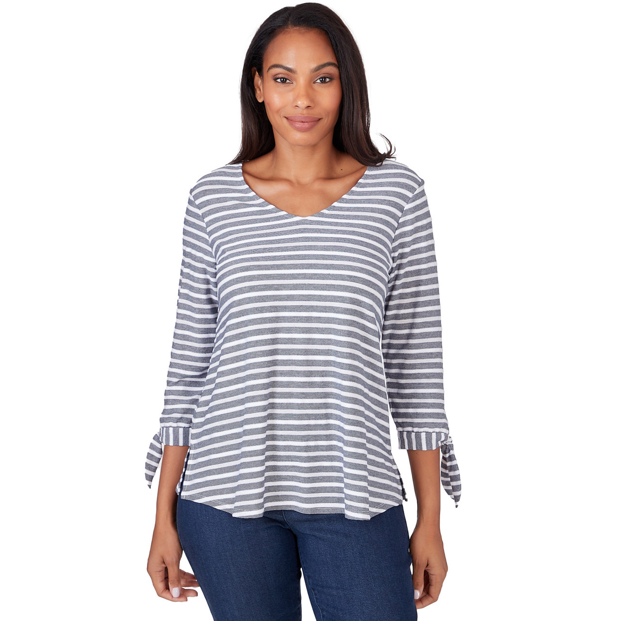 Women's Lightweight Stripe Knit Top With Tie Sleeve