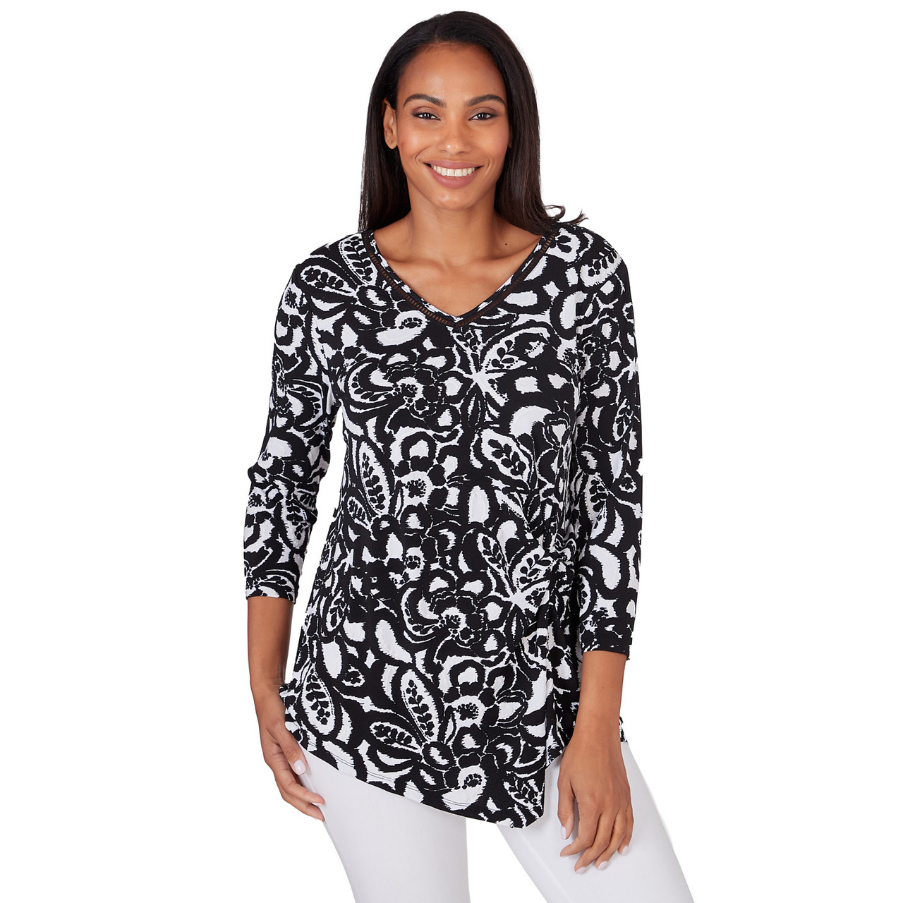 Women's Botanical Ikat Puff Print Crepe Top | Ruby Rd.