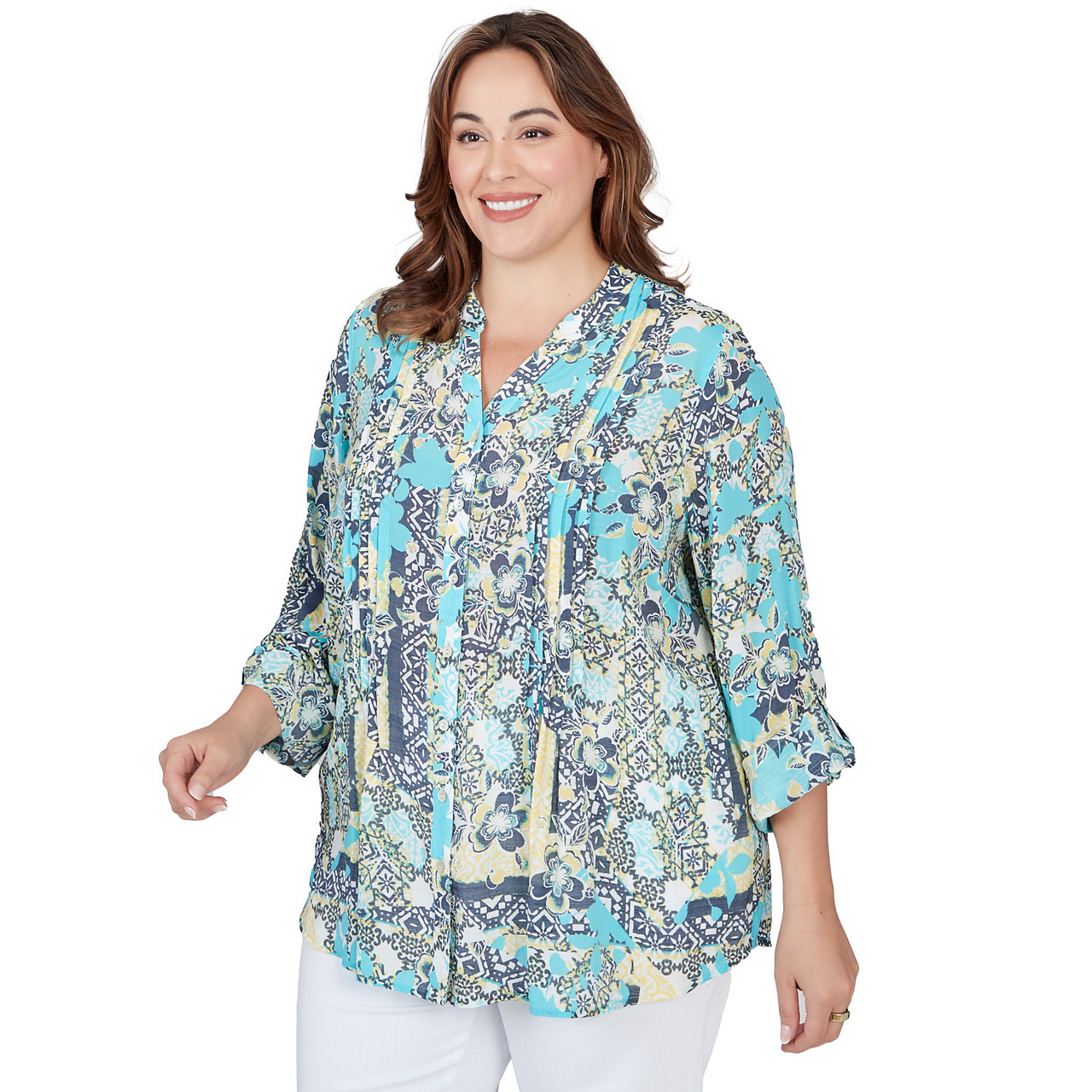 Plus Women's Seaside Silky Gauze Patchwork Button Front Top | Ruby Rd.