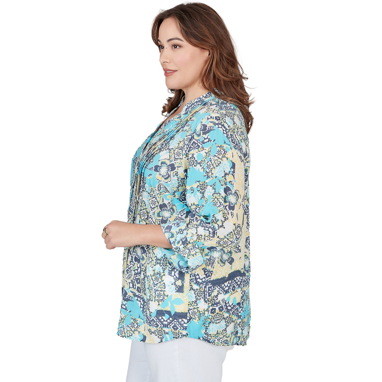 Plus Women's Seaside Silky Gauze Patchwork Button Front Top | Ruby Rd.