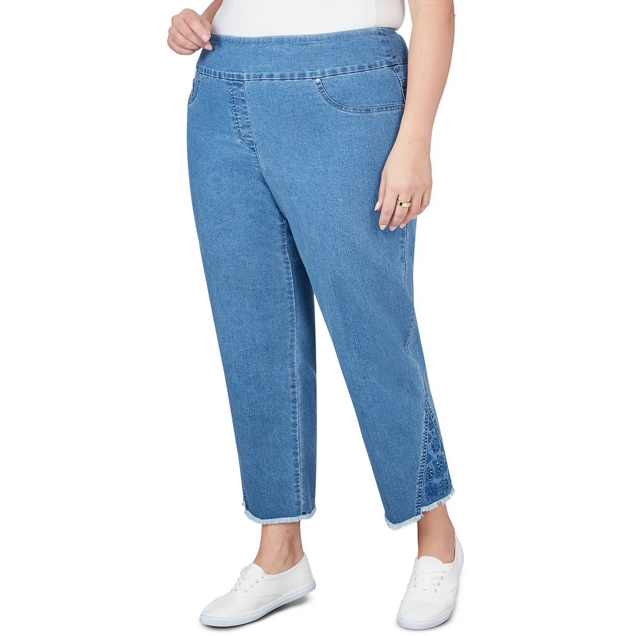 Plus Women's Embroidered Ankle Pull On Stretch Denim Jeans | Ruby Rd.