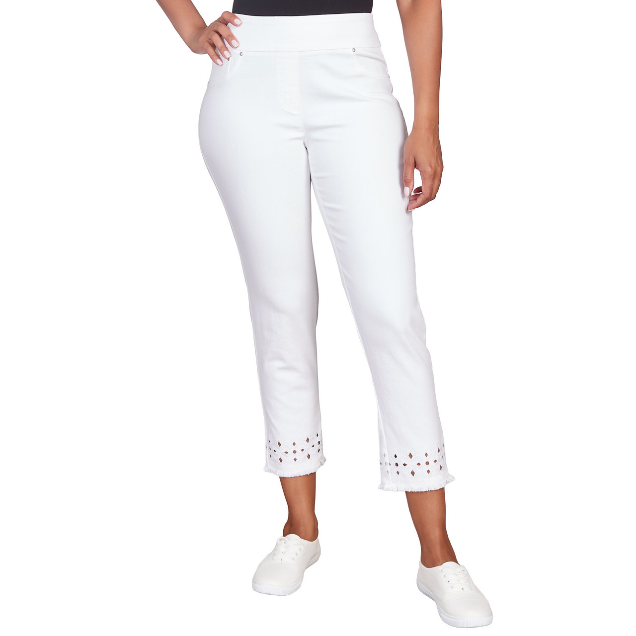 Women's White Denim Lace Hem Jeans