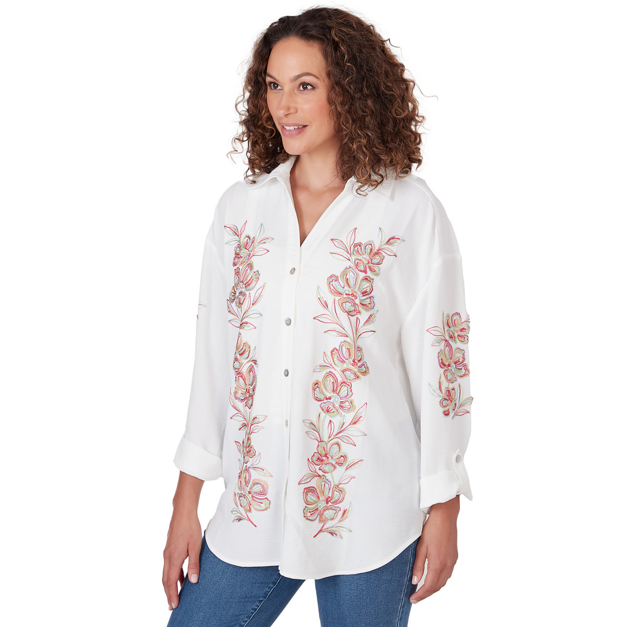 Petite Women's Solid Embroidered Crepe Top